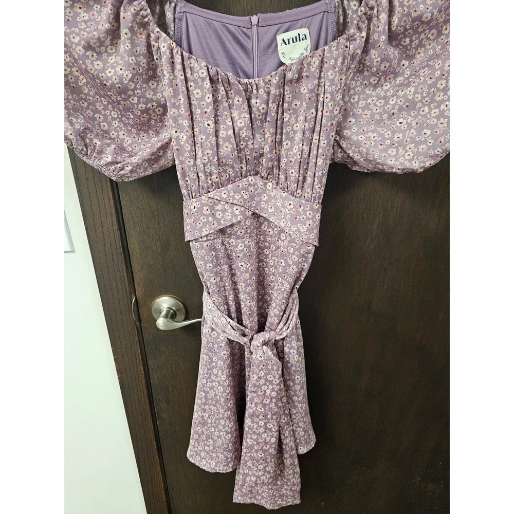 Arula Raella Purple Floral Puff Sleeve Mini Dress Square Neck Cottagecore Size X